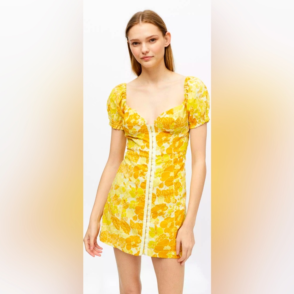 Urban Outfitters Britney Hook and Eye Mini Dress Yellow Floral Printed Cotton